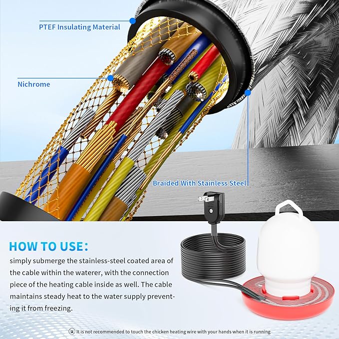 Chickens Water Heater Cord, 1-6 Gallons Heated Chicken Waterer for Winter, 9ft Freeze Proof Poultry Water Heater Cord, Prevents Water Freezing in Drinkers for Small Animals Rabbits, Ducks, Guinea Pigs
