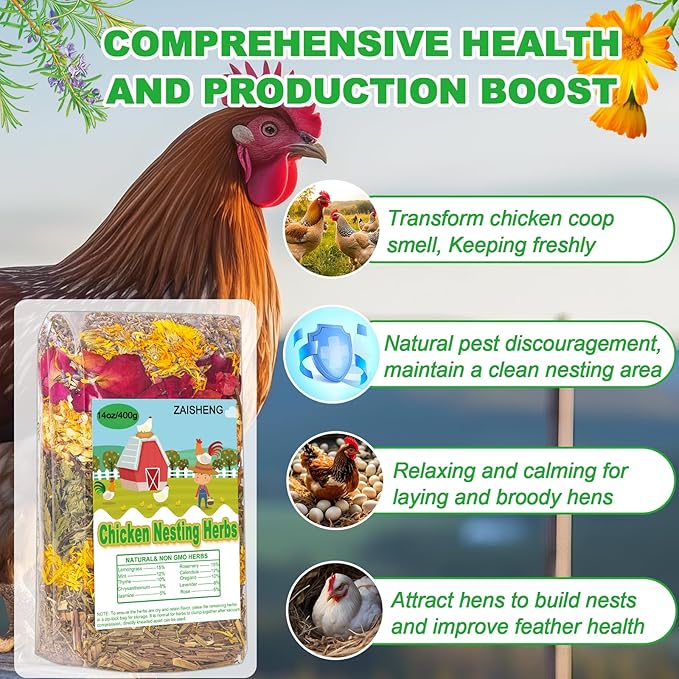 14 oz Chicken Nesting Herbs – 10 Natural Dried Blend, Lavender Rose Mint Mix, Helps Reduce Odors and Freshen Coop Naturally, Relaxing & Calming Herbs for Happy Hens
