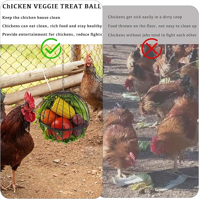 Hanging Chicken Feeder - 7.1 Inch Large Iron Chicken Veggie Treat Ball - Sturdy Chicken Treat Holder with 15.7 Inch Hanging Chain - Black