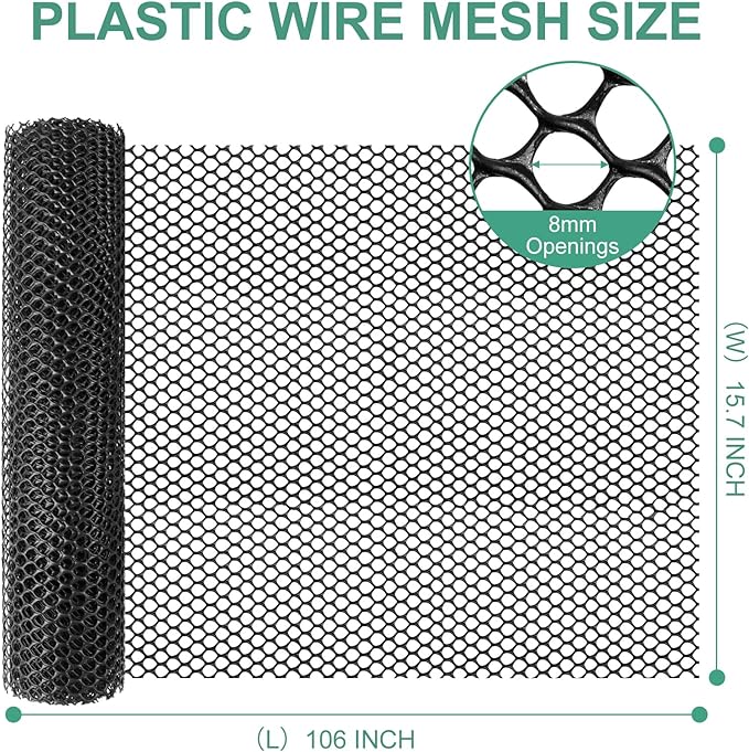 Plastic Chicken Wire,15.7"×106" Plastic Wire Mesh Fence,Garden Netting Fencing Barrier for Poultry, Dogs, Rabbits,Chicken and Snake Barrier, Balcony Netting for Pets,Black