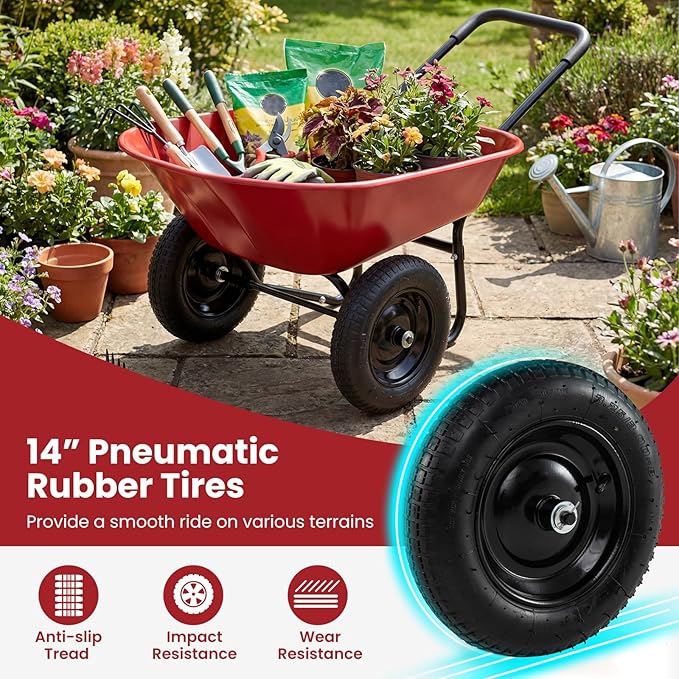 IRONMAX Dual-Wheel Wheelbarrow, Heavy Duty Wheel Barrel with All-Terrain Wheels, 330 LBS Utility Yard Cart with Built-in Stand, Outdoor Gardening Carts for Lawn, Farm, Planting (Red)