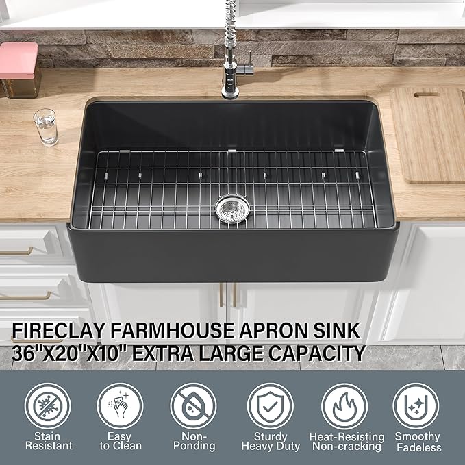 Extra Large Black Farmhouse Sink 36 x 20 Inch, MIN. Base Cabinet Size: 24"Dx39"W, Firecaly Apron Front Undermount Farm Sink Deep Single Bowl for Kitchen, w Accessories 2 Types