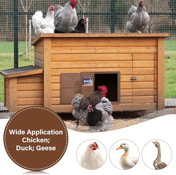 Automatic Chicken Coop Door Battery Powered, LCD Display Automatic Chicken Door with Timer, Electric Auto Chickens Doors Opener Anti-Pinch Function Weatherproof - Coffee