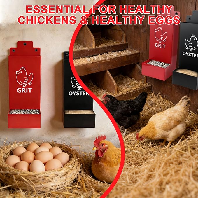 2 Pack Chicken Oyster Shell Feeder and Grit Feeder,1mm Thickness Metal Chicken Feeders for Hens and Chicks Wall Mounted, No Waste, Heavy Duty Poultry Supplies for Backyard Chickens, Ducks, Geese