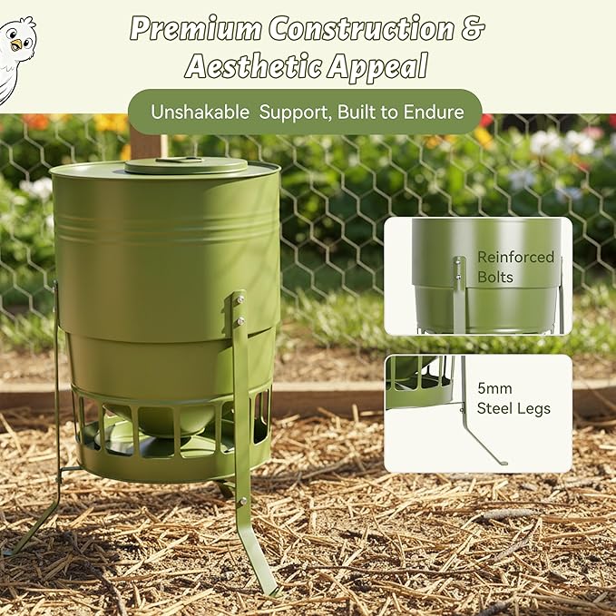 KOL Chicken Feeder No Waste for Coop & Outdoors, 16 Port 50lbs Poultry Feeder with Spill-Control Design, Rust-Proof Powder Coated Metal & Smooth Safe Edges (Avocado Green)
