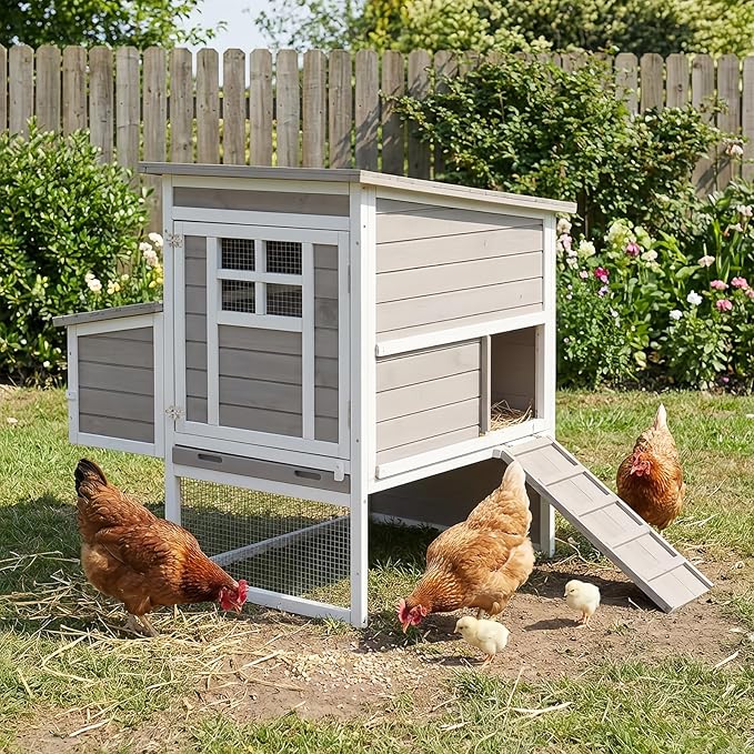 Outdoor Chicken Coop for 2–4 Chickens, Elevated 2-Tier Hen House with 3-Compartment Nesting Box, Slide-Out Tray, Reinforced L-Shaped Frame, Expandable Run Connection, Backyard Poultry Coop