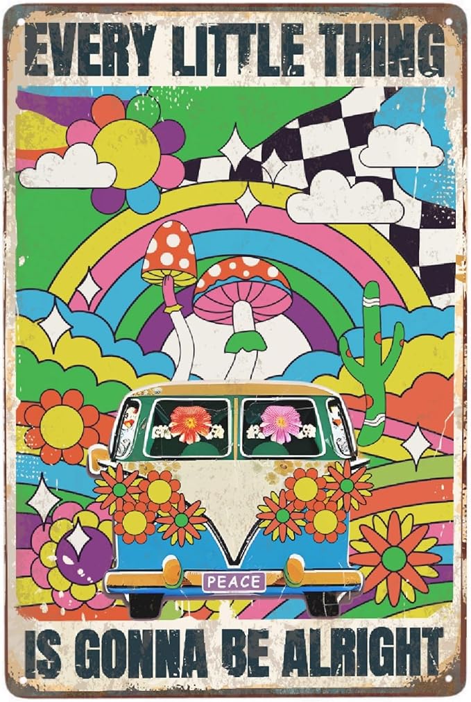 Hippie Bus Every Little Thing Is Gonna Be Alright Vintage Metal Poster Sign Decor-Retro Aluminum Metal Tin Sign for Home Wall Decor, Garden, Bedroom, Signs Gift,12''x 8''