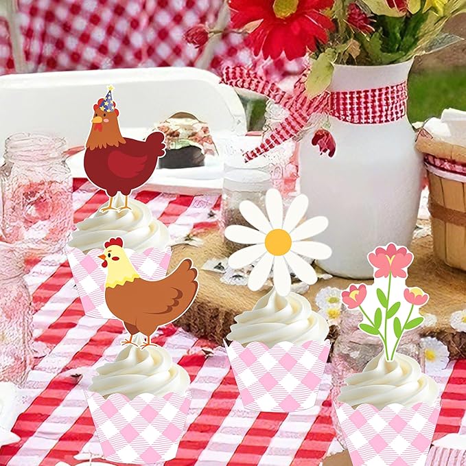 Chicken and Daisy Cupcake Toppers and Wrappers Floral Chicken Birthday Decoration 48Pcs Pink Gingham Cupcake Liners barnyard Hen Themed Cake Decor for Farm Animals Bday Baby Shower Supplies