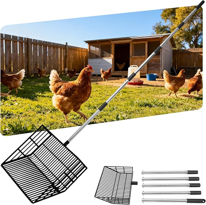 EXPAWLORER Large Chicken Poop Scooper, Adjustable Pet Coop Rake with Stainless Steel Long Handle, Heavy Duty Litter Sifting Sand Sifter Shovel Cleaning Tool Cat Chicken Coop Accessories (22"-68")