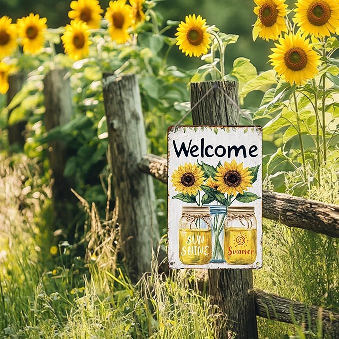 Summer Welcome Sign Wall Art Decor Welcome Floral Ornaments Iron Plaque Sign for Club Bar Garage Wall Decor 12x16inch