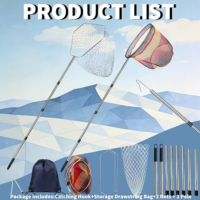 2 Pack Stainless Steel Adjustable Poultry Catching Net, 47" to 106" Adjustable Length, Heavy Duty Capture Net for Chickens Ducks Geese Birds & Fish, Includes 2 Nets & 2 Poles