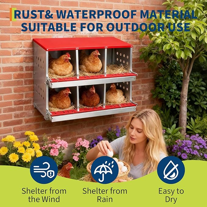 Heavy Duty Metal Chicken Nesting Box – 6 Compartments, Rollaway Egg Collection, Ventilated, Resting Perch, Wall Mounted/Floor, Easy Clean, Red Covered, 96×48×71cm, with Cover