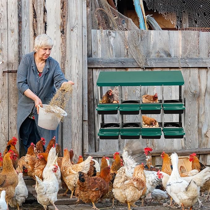 GarveeHome 2-Tier Chicken Nesting Box, 8 Compartment Metal Chicken Laying Boxes with Waterproof Roof ＆ Removable Trays for Hens, Poultry，Easy Egg Collection