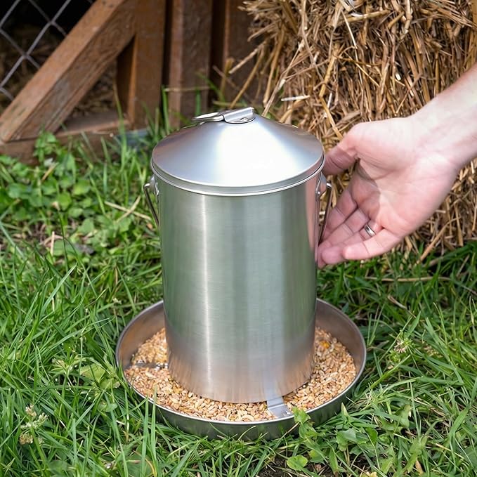 Plexon 6.6 Lb Hanging Chicken Feeder no Waste Food-Grade Stainless Steel - Turkey Duck Poultry Feeder for Chicken Metal - Heavy Duty Reliable Long-Lasting with Handle