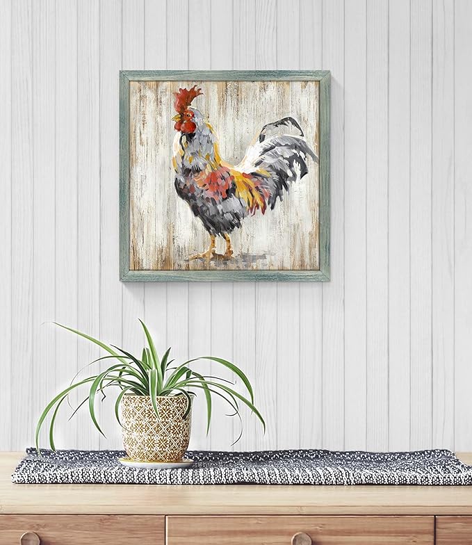 Farmhouse Animal Wood Wall Art: Rustic Rooster Framed Print Picture Farm Chicken Artwork Vintage Country Kitchen Home Painting Decor for Bedroom Living Room 12 x 12 Inches