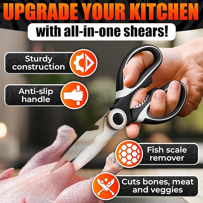 2 Pcs Heavy Duty Kitchen Scissors for Food – 5-in-1 Stainless Steel Kitchen Shears with Bottle Opener, Non-Slip Handles & Protective Cover – Utility Scissors for Cutting Meat, Poultry & Vegetables