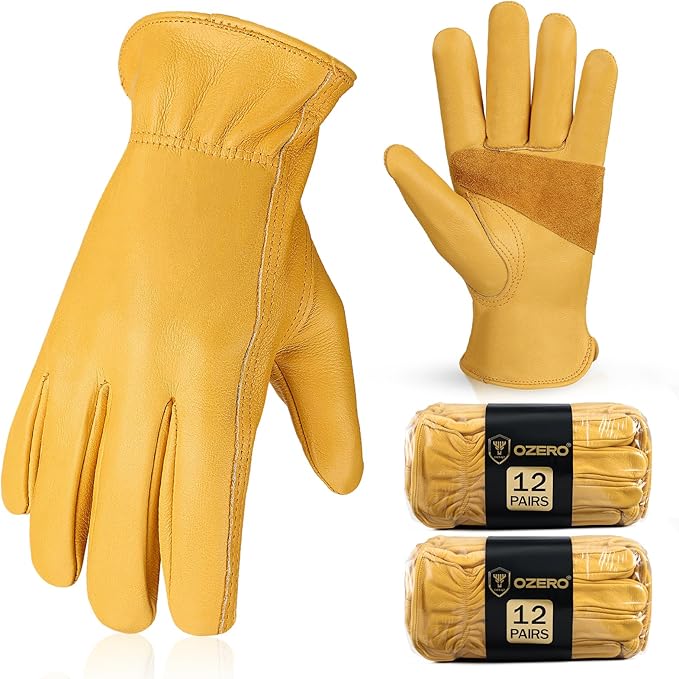 OZERO Gardening Work Gloves Men,Insulated Heavy Duty Cut Resistant Thorn Proof Leather Cowhide Gloves for Driving Welding