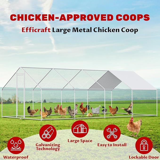 Large Chicken Coop for 20 Chickens Metal Chicken Run with Waterproof Cover for Walk-in Chicken Run for Yard Outdoor Poultry Cage
