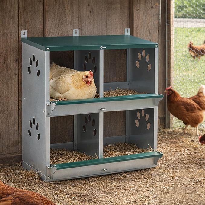 3/4 Compartment Chicken Nesting Boxes, Metal Wall Mount Chicken Egg Laying Box with Roll Out Egg Collection, Galvanized Steel Chicken Nesting Box for Laying Hens, Easy to Clean & Assemble (4-Hole)