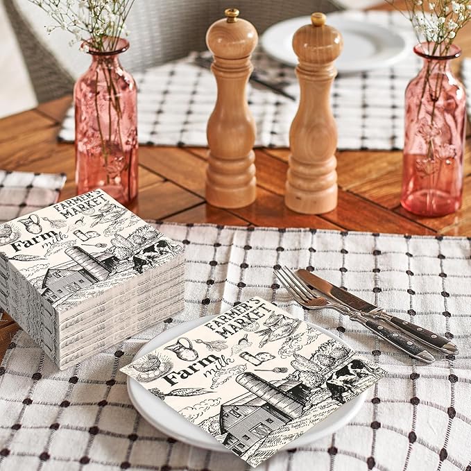 50Pcs Milk Farm Paper Napkins Cow House Disposable Luncheon Napkins Vintage Dinner Hand Napkin for Farmhouse Home Party Supplies Table Decor