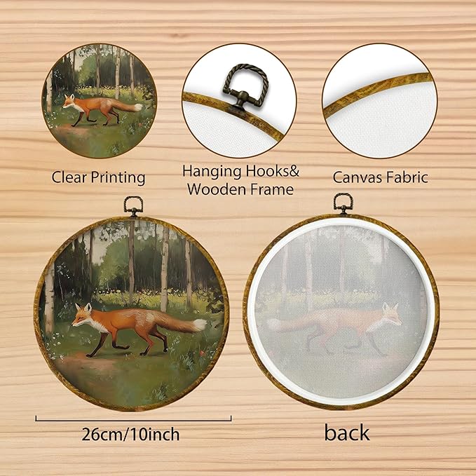 Hiuwevt Rustic Forest Fox Round Wall Art Decor, Nature Woodland Fox Hanging Canvas Prints Artwork Framed, Mild Wildflower Grass Wild Animal Circular Wall Decor for Home Bedroom, 10x10 Inch