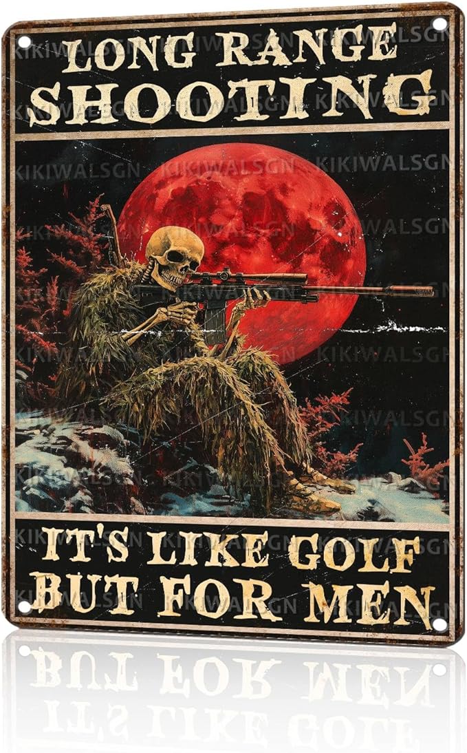 Vintage Skeleton Tin Sign Long Range Shooting Retro Metal Poster It's Like Golf But For Men Funny Gun Wall Art Cafe Office Wall Decorations for Home Bar Club Military Fan Man cave 16 * 12 In