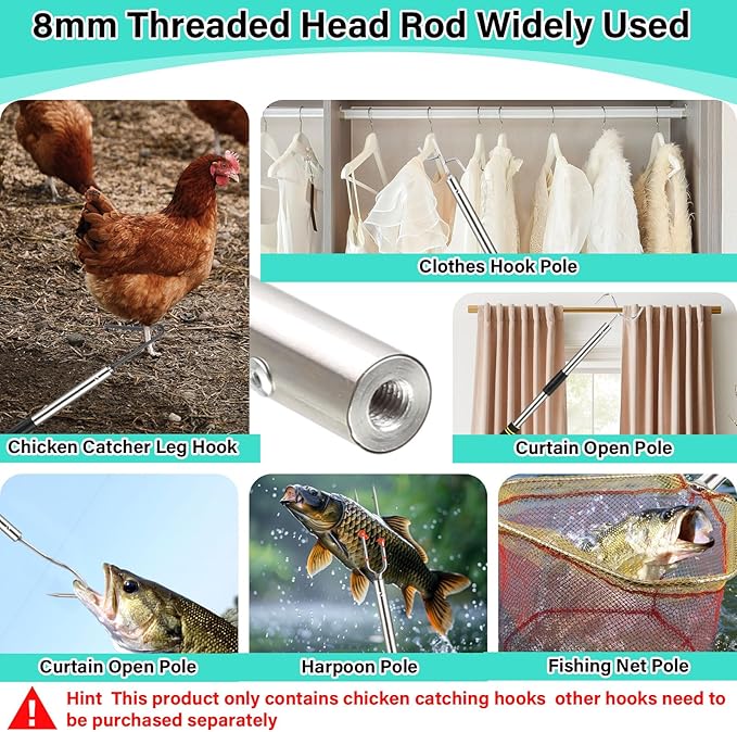 Chicken Catcher Net,37 to 93in Chicken Catcher Leg Hook Extra Long Handle Animal Catcher Pole Heavy Duty with Frosted Tube Extension Pole Poultry Hook Fowl Catcher (Silver 75in)