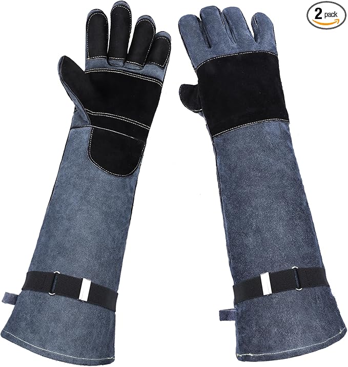 Heavy Duty Animal Handling Gloves - Cat Gloves Bite Proof, Ideal for Dog Training, Falconry, Welding, Gardening - 21.6 inch Grey Black