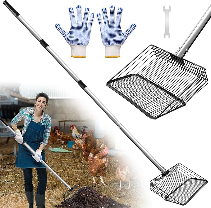 10inch Chicken Poop Scooper, Dual-Specification Pore Chicken Coop Cleaning Tools Come with Gloves Coop Scoop 4 Sections Extended with 22 to 62" Stainless Steel Adjustable Handle
