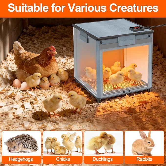 Brooder Box for Chicks, 4-in-1 Chick Starter Kit,Brooder Heating Plate with Adjustable Temp (77~95℉) & 9H Timer, Baby Chicken Pen, Chicken Feeder, Waterer,200W Poultry Coop Heater for Ducks, Quails