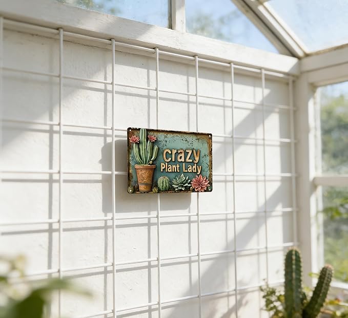 Vintage Garden Metal Sign Crazy Plant Lady Funny Gardening Tin Signs Rustic Farmhouse Cacti and Succulents Plants Aluminum Wall art for Home Garden Patio Farm Yard Bar Outdoor Indoor Decor 8x12 Inch