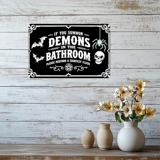 Demons Bathroom Rules Tin Sign Vintage Gothic Decor Metal Sign Print Aesthetic for Garden Yard Bar Porch Home Bedroom Kitchen Wall Decor Gift 8 X 12 in