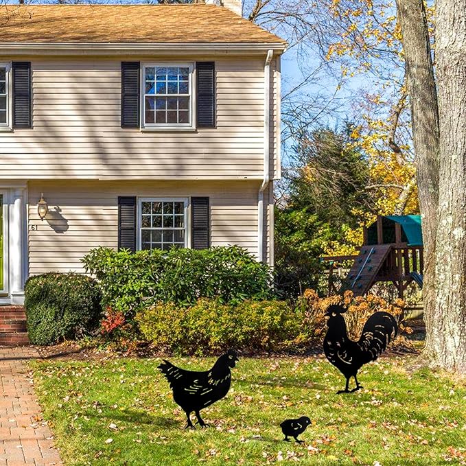 TT & MM Chicken Gifts for Women/Men,Metal Chicken Yard Decor 3 Pcs Rooster Decorations Garden Stakes,Hen/Chicks Silhouette Statues for Yard Art,Backyard,Patio,Lawn,Outdoor Decor