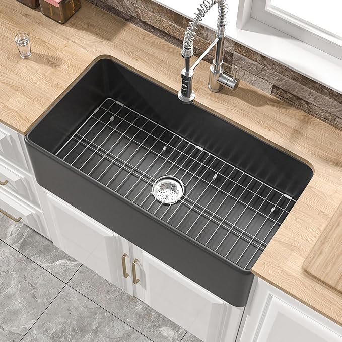 Black Farmhouse Sink 33 x 18 Inch, Single Bowl Firecaly Apron Front Undermount Farm Sink, with Accessories 2 Types, Matte Black, for Kitchen