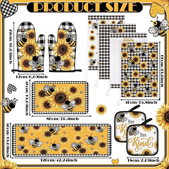 10 Pcs Farmhouse Kitchen Decor Set Dish Towels Kitchen Rugs Oven Mitts and Pot Holders for Cooking Baking Grilling Women Mom Daughter Gift(Yellow,Black,Bee Theme)