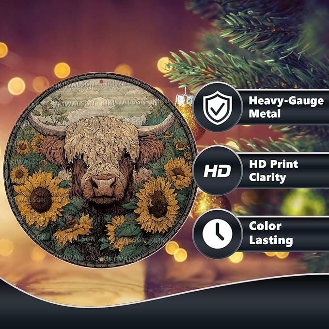 Vintage Highland Cattle Round Metal Sign Retro Sunflower Tin Sign Nostalgic Rustic Wall Decor Bedroom Living Room Cafe Yard Office Fence Door Outside Farmhouse Farm 8 * 8 In
