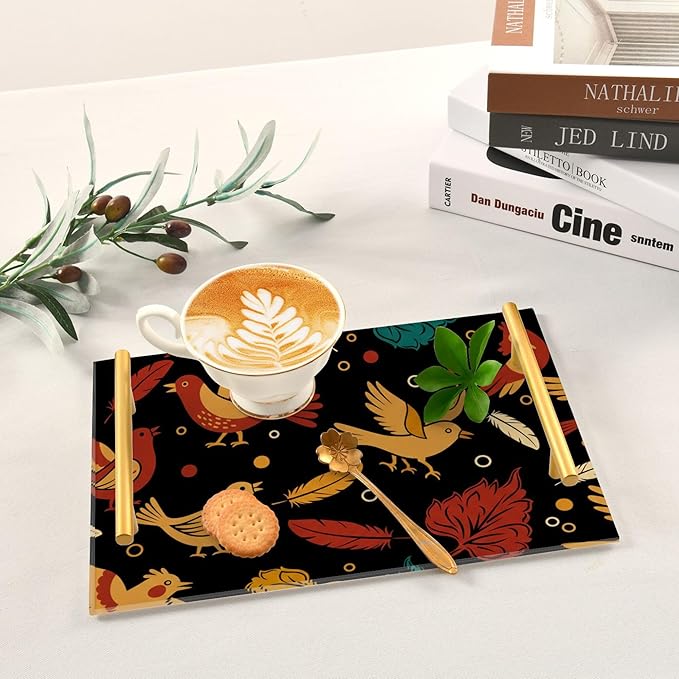 Bathroom Vanity Tray Counter Organizer, Autumn Birds and Leaves Pattern Decorative Tray with Handles Countertop Storage for Bathroom Bedroom Kitchen Home Farmhouse