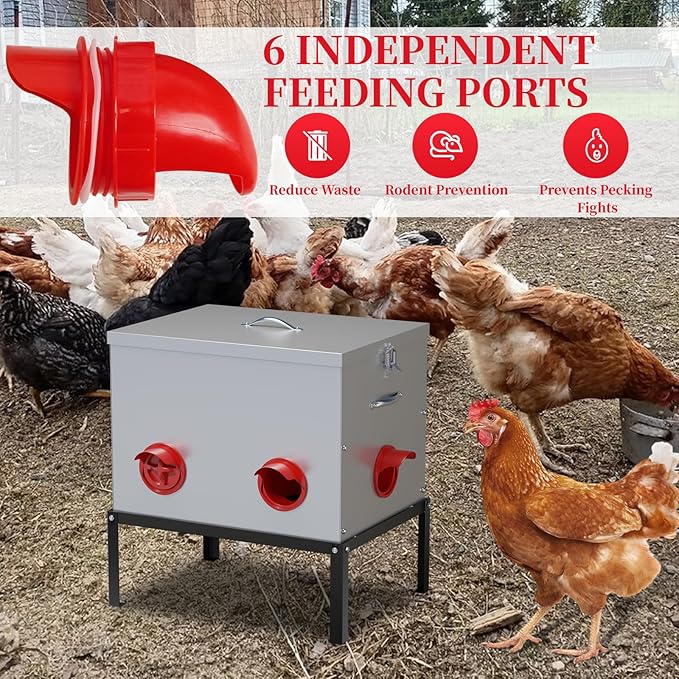 Automatic Chicken Feeder,50LBS 6 Port Large Chicken Feeder with Raise The Base Frame,Waterproof Galvanized Steel Poultry Feeder with Locking Lid for Chicken Coop