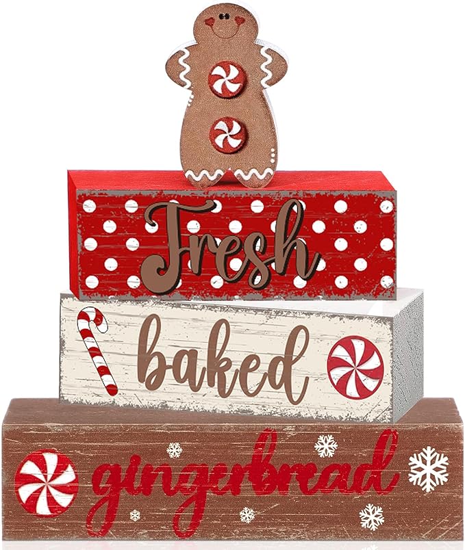 Geelin 4 Pcs Wooden Christmas Tabletop Decor Gingerbread Man Tiered Tray Decor Christmas Centerpiece Rustic Decorative Block Signs Gift Farmhouse Table Decoration for Home Kitchen