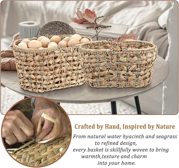 2 Pcs Eggs Collecting Baskets, Handmade Water Hyacinth Storage Basket for Gathering Fresh Eggs, Egg Holder with Handle for Harvest Farmhouse and Kitchen Use Seagrass Basket for Chicken-Egg