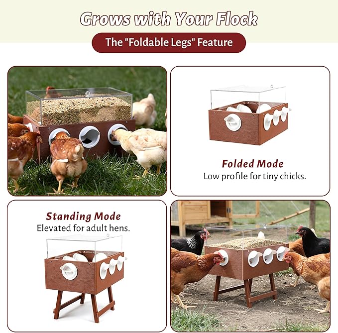 KOL No-Waste Chicken Feeder, 22LB Poultry Feeder with 6 Anti-Spill Ports, Clear-View HIPS & Acrylic Design, Foldable Stand for Hens and Chicks – Automatic Gravity-Flow Feeder
