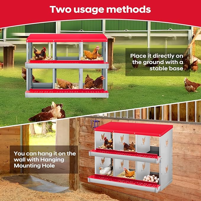 Garvee 6 Compartment Chicken Nesting Box, 2 Layer Wall Mount/Free Standing Poultry Nest for Chickens, Hens, Ducks, Metal Chicken Laying Boxes with Perch, Secure Lid, Vented Holes, Red