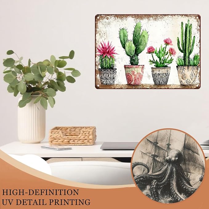 Four basins Cactus Metal tin Sign Watercolor Cactus Tin Sign Green Plant Wall Decor for Home Living Room Kitchen Garden Bedroom Office Hotel Cafe Decoration 12X16Inch