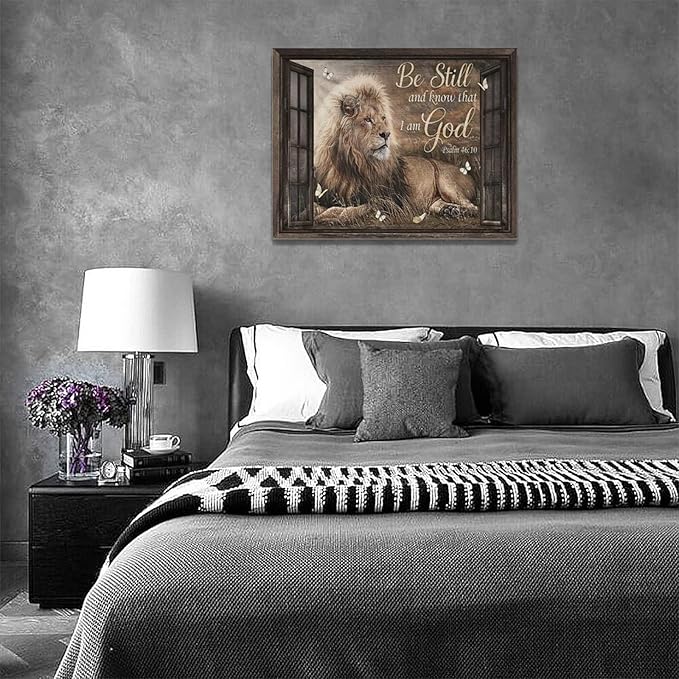 Lion Wall Art Christian Lion Of Judah Pictures Wall Decor Inspirational Psalm Scripture Canvas Prints Artwork Home Decorations For Bathroom Kitchen Office Framed