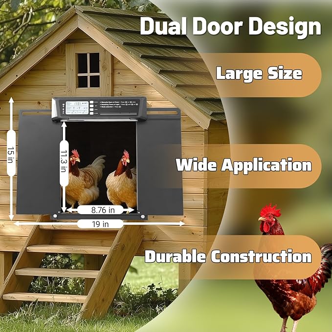 Automatic Chicken Coop Door Solar Powered | Chicken Coop Accessories Auto Chicken Door with LCD Display, 4 Working Modes, 7W High-Power Solar Panel & IP65 Waterproof