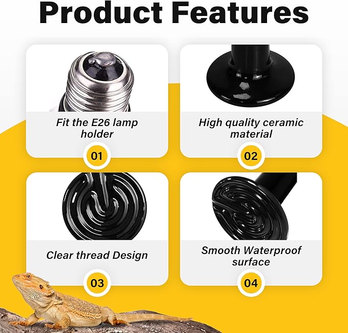 Simple Deluxe 150W Reptile Heat Lamp Bulb Ceramic Heat Emitter No Light Emitting Brooder Coop Heater for Amphibian Pet & Incubating Chicken, 4 Pack Black
