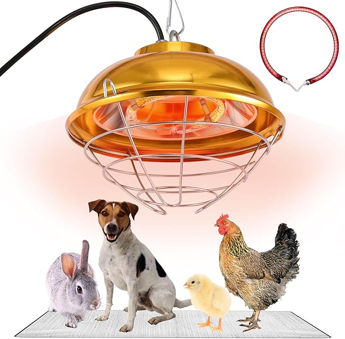Chicken Coop Heater, 300W Heat Lamp for Chickens, Dual Temperature, Carbon Fiber Heating Coil, with Spare Heating Coil, Aluminum Alloy Shade & 6.6' Hanging Chain, Chicken Heat Lamp for Winter