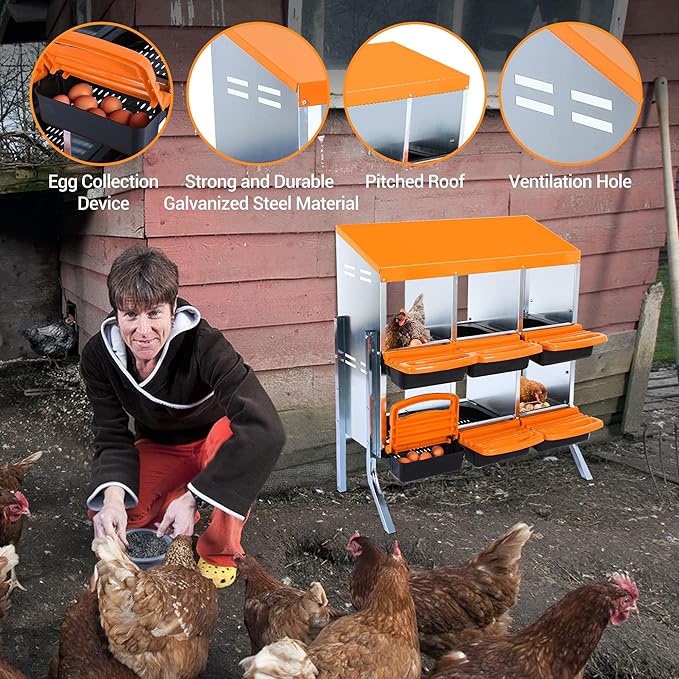 Chicken Nesting Box 6-Hole Roll Away Egg Laying Box with Lid & Stand, Galvanized Steel Rustproof Poultry Coop Box, Easy Clean, Wall Mountable No Bracket Needed for Hens, Orange