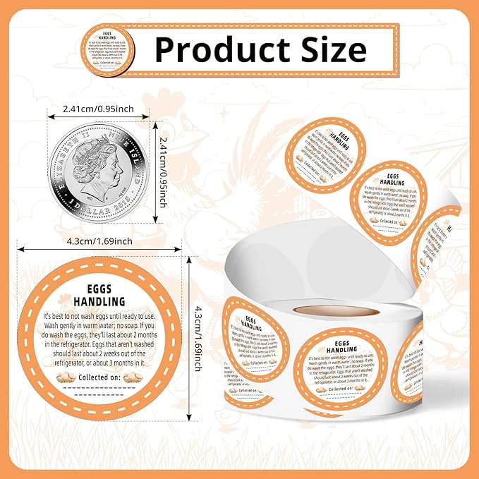 500Pcs Farm Fresh Egg Carton Stickers Labels, 1.7 Inch Self Adhesive Writable Handling Stickers for Farm Small Businesses and Chicken Farms Farmers Markets