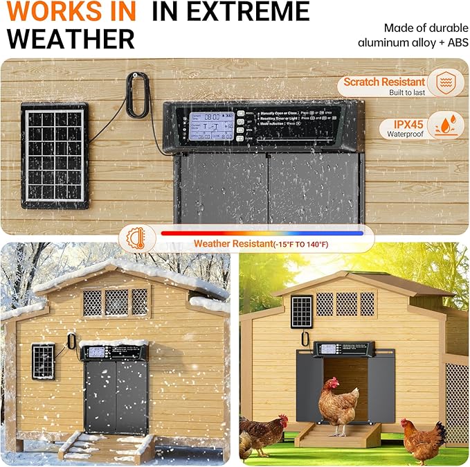 Automatic Chicken Coop Door Solar Powered, Extra Large Horizontal Opening Auto Chicken Door with Timer & Light Sensor, Remote & Manual Control, USB Backup, Anti-pinch, Aluminum Weather-proof Coop Door